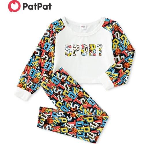PatPat 2-piece Toddler Girl Letter Print Colorblock Long-sleeve Top and Elasticized Pants Sporty Set