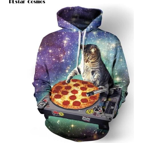 PLstar Cosmos DJ Cat Hoodie Men 3D Printed Pizza Space Galaxy Hoodie Sweatshirt Pullover Sportwear Tracksuit Men