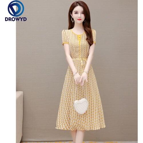 Fashion Temperament Floral Round Neck Dress 2021 Summer New Lace-up Covering Belly and Thin Over The Knee Mid-length Party Dress