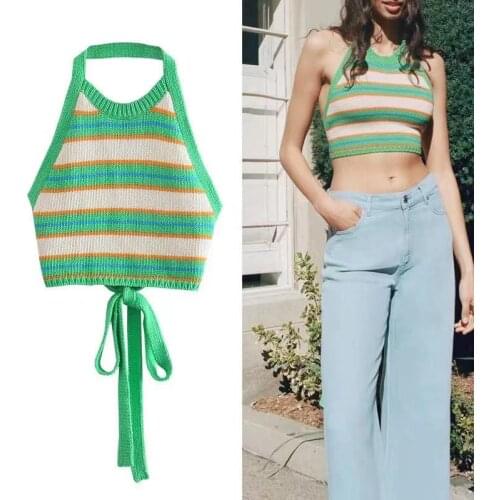 Y2k Summer Knit Crop Top Lace Up Halter Neck Bandage Striped Vest Sexy Backless Sleeveless Tank Chic Slim Gothic Camis 2021