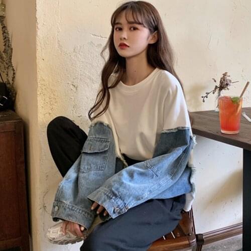 Womens Sweatshirts Korean Chic Ulzzang Denim Stitching Round Neck Vintage Clothes Female Kawaii Cute Svitshot For Girls