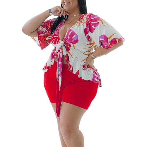 2021 Summer Women Printing Short Sleeve V-neck Regular Two Pieces Sets Top and Short Pant Women Suit