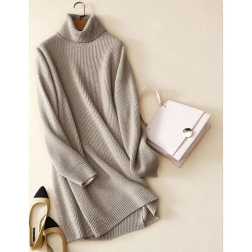 Loose style womens 100% cashmere turtleneck dress for winter