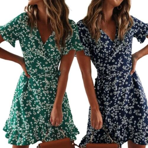 Women Short Sleeve Floral Print A-Line Mini Dress Sexy Wrap V-Neck Pleated Ruffles Boho Beach Sundress with Belt