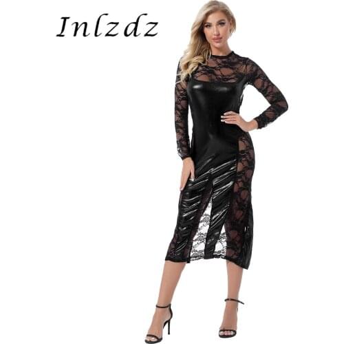 Womens Lingerie See Through Dress Embroidered Lace Leather Patchwork Split Long Dress with G-String Briefs Sexy Cosplay Costume