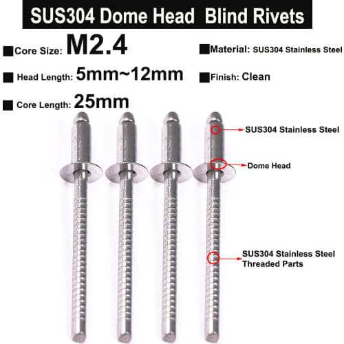 10Pcs SUS304 Stainless Steel Round Head Pop Open Hollow Blind Rivets Bolt Dropper Self-plugging Rivet M2.4 Length 5-12mm