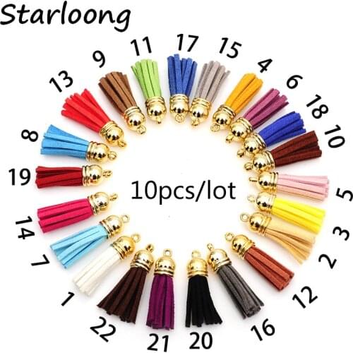 10pcs/lot multicolor mixed Suede Tassel For Keychain Cellphone Straps Charms 38mm Full Leather Tassels gold-color Caps randomly