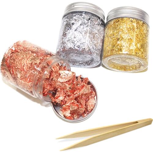 3 Bottles 15g Metallic Gold Foil Leaf Flakes with Bamboo Tweezer for DIY Resin Jewelry Painting Nail Art Gold+Silver+Rose Gold