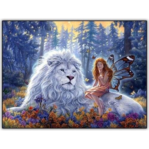 Butterfly Girl with White Lion 5d Diamond Painting Cross Stitch Kit Abstract Picture Full Drill Square Diamond Mosaic Paintings