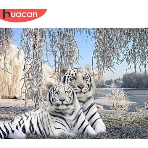 HUACAN 5D DIY Diamond Painting Tiger Full Square Round Diamond Embroidery Animal Mosaic Winter Needlework Art Handmade Gift