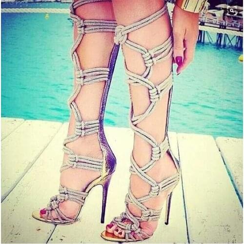 Wholesale Price High Quality Black Beige Braided Rope Sandal Boots High Heelk Cut-out Gladiator Summer Sandal Boots Size 10