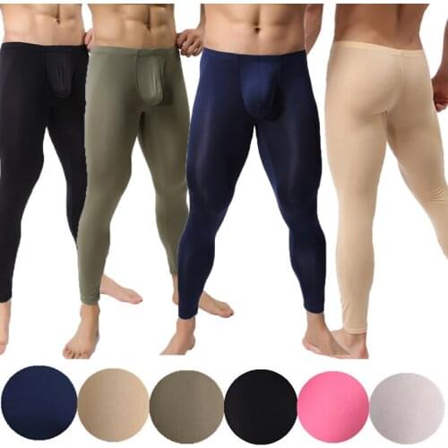 Mens Sleep Bottoms Long Johns Ultra-thin Ice Silk Underwear Sexy Penis Pouch Legging Sports Fitness Underwear Elastic Sleepwear