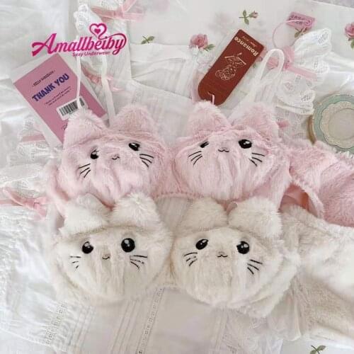 Lolita Underwear Cartoon Cat Bra and Panty Set Kawaii Lingerie Cute Sexy Women Push Up Bra Anime Panties Bralette Set