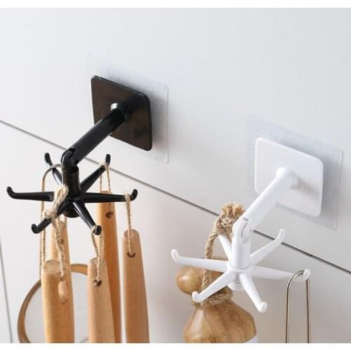 360 Degrees Rotated Kitchen Hooks Self Adhesive 6 Hooks Home Punch-free Door Wall Hook Handbag Clothes Ties Hanger Hanging Rack