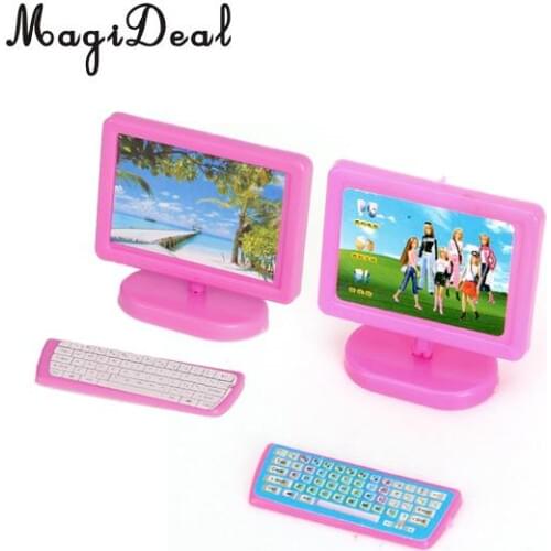 MagiDeal Dollhouse Miniature Three Piece Computer Set Pink for Doll Kids Room Desk Decor Baby Children Furniture Toy