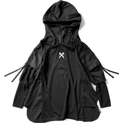 Mens Japanese Streetwear Embroidered Hip Hop Hoodie Fake Two Piece Patchwork Pullover Neck Dress Hoodie