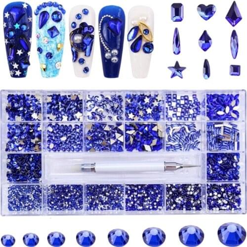 Q1QD 21 Grids Glass Nail Art Decoration Kit Multi Shapes with Dual-ended Dotting Pen Set for DIY Nails Supplies Accessories