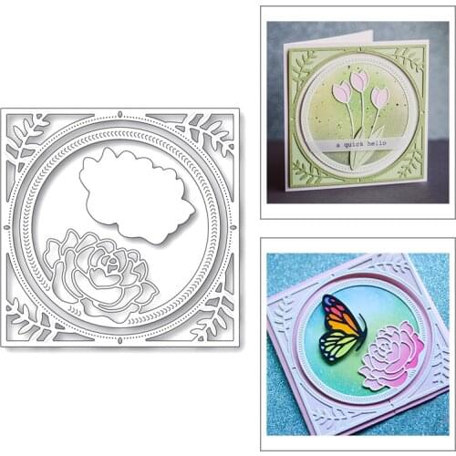 2020 New Square Frame Round Shape Background Embossing Peony Layered Metal Cutting Dies For Scrapbooking Greeting Card Making