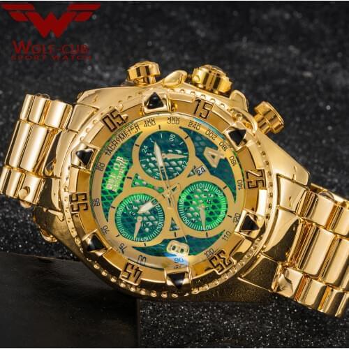 Original Watch Men gold calendar personality large dial decoration 6-pin Spiral crown USA sports Relogio Masculino WOLF-CUB