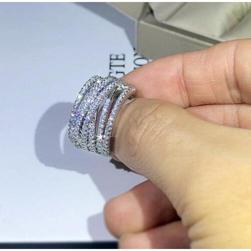 Luxury Jewelry 925 Sterling Silver Pave White Sapphire CZ Diamond Gemstones Party Women Wedding Engagement Band Ring