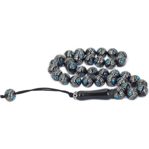 Silver Natural Blue Jet Stone Prayer Bead With Silver Tassel Men Rosary Islamic Tasbih With Bead Tassel 925 Sterling Silver