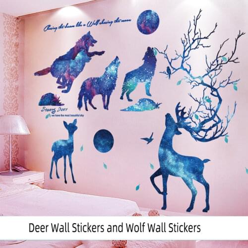 [SHIJUEHEZI] Moon Deer Wall Sticker DIY Wolf Animal Mural Decals for Living Room Kids Rooms Children Nursery Home Decoration