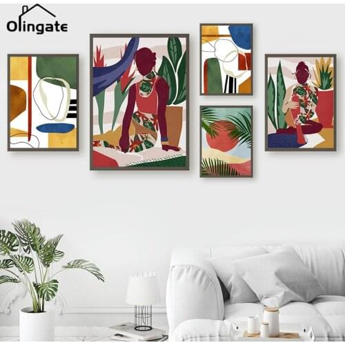 Nordic Posters and Prints Tropical Plant Girl Sun Wall Art Canvas Painting Abstract Lines One Piece Wall Picture Home Decor Gift