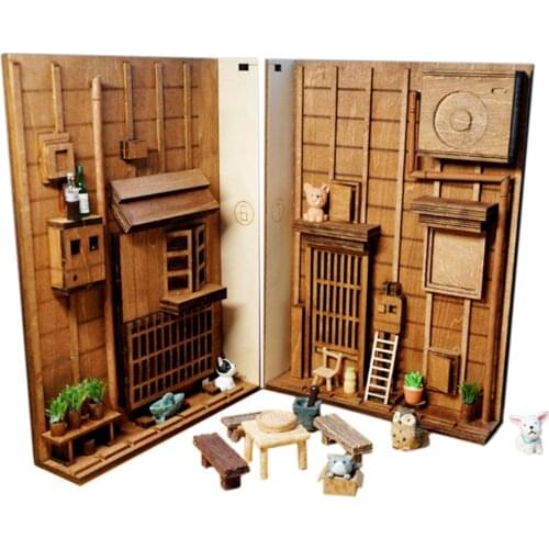 Japanese Style Street Rear Lane Bookcase DIY Wooden Assembled Model Bookshelf with Light - S/M