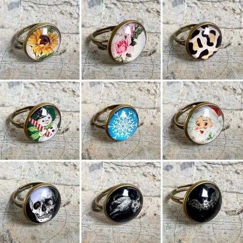 Vintage Round Glass Printing Adjustable Rings for Women Punk Skull Flower Open Ring Halloween Christmas Jewelry Gift Wholesale