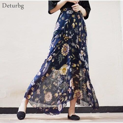 Womens Fashion Florals Print Long Skirt Female Casual Elastic High Waist Chiffon Asymmetrical Mermaid Skirts 2020 Autumn SK220