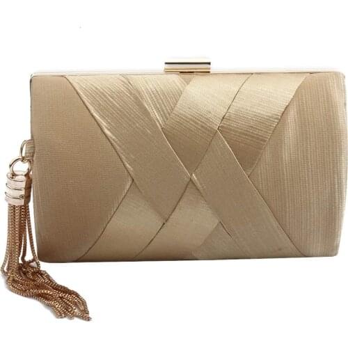 Womens Elegant Tassel Pendant Silk Evening Bag with Chain Strap Clutch Purse for Bride Wedding Prom Night Out Party