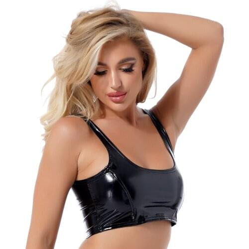 Plus Size Fashion Wet Look Patent Leather Cropped Tank Top U Neck Zipper Back Wide Shoulder Straps Vest for Women Streetwear