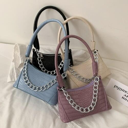 2021 New Arrival PU Elegant Casual Solid Color Crocodile Pattern Shoulder Underarm Baguette Bag With Chain For Women 7199XM