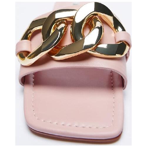 ZAR Slippers Women Summer Luxury 2021 New Pink Square Toe Metal Chain Casual Flat Sandals Brand Woman Beach Shoes Plus Size 41