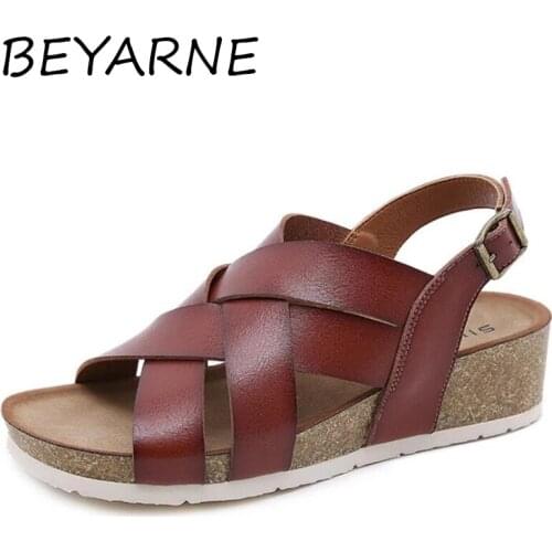 BEYARNE 2021New Summer Beach Cork Rome Sandals Casual Female Outside Non-slip Cross Belt Cozy Women Shoes