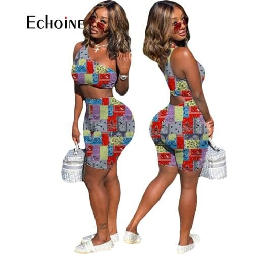 Echoine Women Print One Shoulder Sleeveless Playsuit Skew Collar Hollow Out Elastic Bodycon Playsuit Tracksuit Summer Outfit