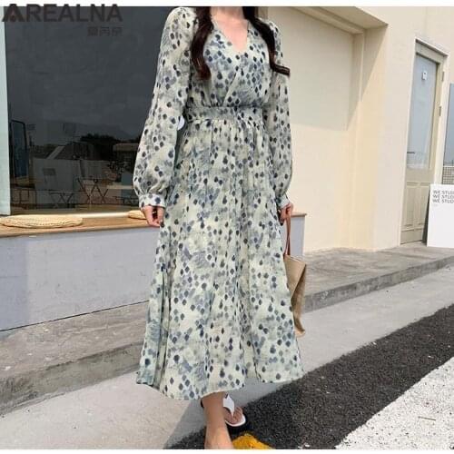 Elegant floral Print Long Sleeve Spring Dress Casual A Line Chiffon Women Summer Dress Vintage Party Midi Vestidos plus size 5XL