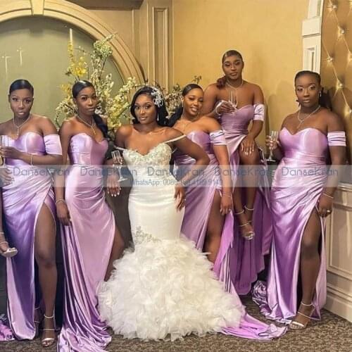 Lilac Bridesmaid Dresses for African Women Sweetheart Wedding Party Dress One Shoulder Pleat High Side Slit Maxi Gown for Party