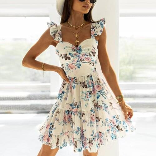 Summer A Line Spaghetti Strap Floral Dress 2021 Women Sleeveless Print Dress Female Boho Ruffles Backless Holiday Party Vestidos