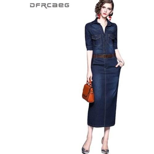 Free Belt Vintage Summer Maxi Jean Dress Woman 2020 Streetwear Half Sleeve Denim Staight Dresses Long Female Vestidos