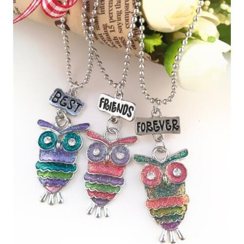 Best Friends Forever BFF pendant charm beaded chain multi mix colorful epoxy glitter glass kids cute lovely owl necklace 3pc set
