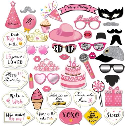 44pcs Sweet 16 Years Old Birthday Decoration DIY Party Photobooth Props Pink Theme Girls Photo Props Party Supplies PZ150