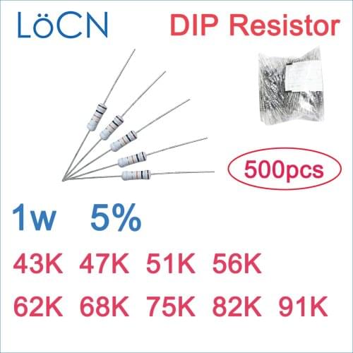 500pcs 5% 1W Carbon Film Resistor DIP 43K 47K 51K 56K 62K 68K 75K 82K 91K OHM Color ring