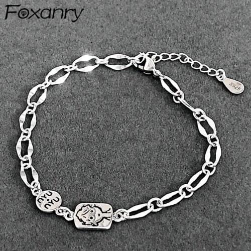 Foxanry 925 Sterling Silver Smiley Charming Bracelet for Women Trendy Simple Cartoon Kings Thick Chain Bangle Party Jewelry Gift