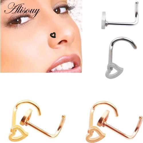 Alisouy 1 PCS Stainless Steel Steel Gold Nose Open Hoop Ring Earring Body Piercing Heart Nose Studs Women Men Studs Jewelry