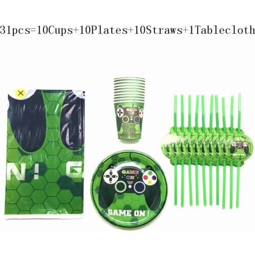 Hot Game Theme Birthday Party Decorations Kids Tableware Green Cup Plate Tablecloth Straws Baby Shower Game On Party Supplies