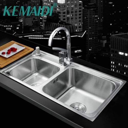 KEMAIDI Kitchen Stainless Steel Sink Vessel Kitchen Double Bowl +Swivel Vanity Faucet + Liquid Soap Dispenser Kitchen Mixer