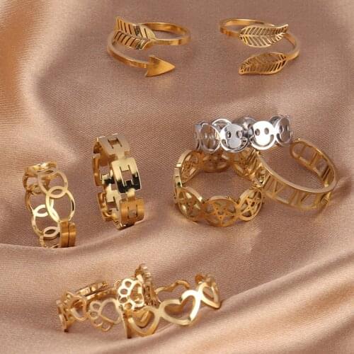 Stainless steel Smiling Face Open Rings for Women Punk Hip Hop Ring Fashion Heart Star Party Ring Jewelry Best Gift