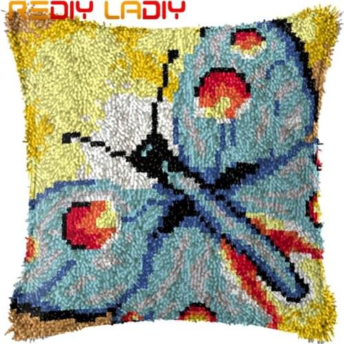 Latch Hook Cushion Butterfly Pre-Printed Canvas Cushion Cover Acrylic Yarn Crochet Pillow Case Kits Hobby & Crafts Home Decor