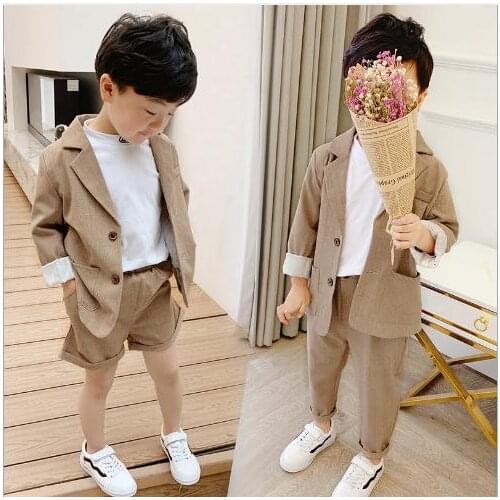 Summer Kids brown Wedding Boy/Girls Blazer Suit Brand Flower Boys Formal Tuxedos fashion School Suit Kids Clothing 2 pcs Set